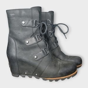 SOREL Black Joan of Arctic Wedge Mid Ankle Boots Leather Lace Up Womens Size 9.5